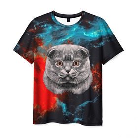 Мужская футболка 3D с принтом Космический кот в Новосибирске, 100% полиэфир | прямой крой, круглый вырез горловины, длина до линии бедер | Тематика изображения на принте: 3d | cat | арт | взгляд | кот | кот хипстер | котёнок | котятки | котятушки | кошечки | кошка | мордочка