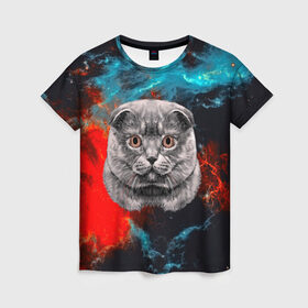 Женская футболка 3D с принтом Космический кот в Новосибирске, 100% полиэфир ( синтетическое хлопкоподобное полотно) | прямой крой, круглый вырез горловины, длина до линии бедер | 3d | cat | арт | взгляд | кот | кот хипстер | котёнок | котятки | котятушки | кошечки | кошка | мордочка