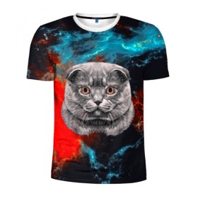 Мужская футболка 3D спортивная с принтом Космический кот в Новосибирске, 100% полиэстер с улучшенными характеристиками | приталенный силуэт, круглая горловина, широкие плечи, сужается к линии бедра | Тематика изображения на принте: 3d | cat | арт | взгляд | кот | кот хипстер | котёнок | котятки | котятушки | кошечки | кошка | мордочка