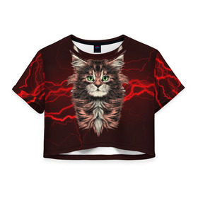 Женская футболка 3D укороченная с принтом Electro cat в Новосибирске, 100% полиэстер | круглая горловина, длина футболки до линии талии, рукава с отворотами | cat | взгляд | кот | кот хипстер | котёнок | котятки | кошка | молния | мордочка | разряд | электричество