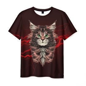Мужская футболка 3D с принтом Electro cat в Новосибирске, 100% полиэфир | прямой крой, круглый вырез горловины, длина до линии бедер | Тематика изображения на принте: cat | взгляд | кот | кот хипстер | котёнок | котятки | кошка | молния | мордочка | разряд | электричество