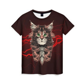 Женская футболка 3D с принтом Electro cat в Новосибирске, 100% полиэфир ( синтетическое хлопкоподобное полотно) | прямой крой, круглый вырез горловины, длина до линии бедер | cat | взгляд | кот | кот хипстер | котёнок | котятки | кошка | молния | мордочка | разряд | электричество