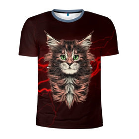 Мужская футболка 3D спортивная с принтом Electro cat в Новосибирске, 100% полиэстер с улучшенными характеристиками | приталенный силуэт, круглая горловина, широкие плечи, сужается к линии бедра | cat | взгляд | кот | кот хипстер | котёнок | котятки | кошка | молния | мордочка | разряд | электричество