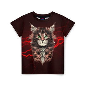 Детская футболка 3D с принтом Electro cat в Новосибирске, 100% гипоаллергенный полиэфир | прямой крой, круглый вырез горловины, длина до линии бедер, чуть спущенное плечо, ткань немного тянется | cat | взгляд | кот | кот хипстер | котёнок | котятки | кошка | молния | мордочка | разряд | электричество