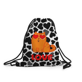 Рюкзак-мешок 3D с принтом Влюбленный котик в Новосибирске, 100% полиэстер | плотность ткани — 200 г/м2, размер — 35 х 45 см; лямки — толстые шнурки, застежка на шнуровке, без карманов и подкладки | сердечки