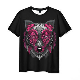Мужская футболка 3D с принтом Волк в Новосибирске, 100% полиэфир | прямой крой, круглый вырез горловины, длина до линии бедер | wolf | арт | взгляд | графика | живопись | лис | лиса | рисунок | розовый | тотем | хищник