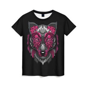 Женская футболка 3D с принтом Волк в Новосибирске, 100% полиэфир ( синтетическое хлопкоподобное полотно) | прямой крой, круглый вырез горловины, длина до линии бедер | wolf | арт | взгляд | графика | живопись | лис | лиса | рисунок | розовый | тотем | хищник