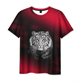 Мужская футболка 3D с принтом Тигр красные глаза в Новосибирске, 100% полиэфир | прямой крой, круглый вырез горловины, длина до линии бедер | Тематика изображения на принте:  хищник | багровый | большая кошка | глаза. красные | красный | кровавый | тигр