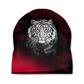 Шапка 3D с принтом Тигр красные глаза в Новосибирске, 100% полиэстер | универсальный размер, печать по всей поверхности изделия |  хищник | багровый | большая кошка | глаза. красные | красный | кровавый | тигр