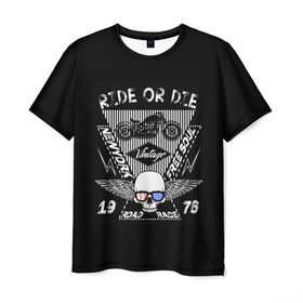 Мужская футболка 3D с принтом Ride or Die в Новосибирске, 100% полиэфир | прямой крой, круглый вырез горловины, длина до линии бедер | Тематика изображения на принте: 3d | avto | motors | авто | два колеса | железо | колеса | машина | мотоцикл | надписи | череп | шлем