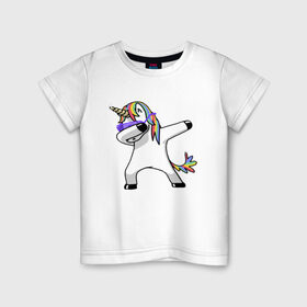 Детская футболка хлопок с принтом Unicorn dab в Новосибирске, 100% хлопок | круглый вырез горловины, полуприлегающий силуэт, длина до линии бедер | Тематика изображения на принте: арт | единорог | животные | музыка
