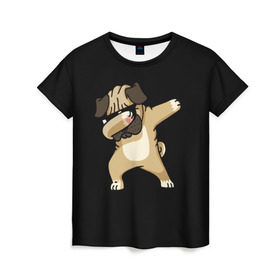 Женская футболка 3D с принтом Dog dab в Новосибирске, 100% полиэфир ( синтетическое хлопкоподобное полотно) | прямой крой, круглый вырез горловины, длина до линии бедер | арт | животное | мопс | музыка | собака