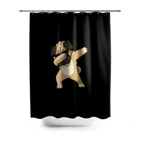 Штора 3D для ванной с принтом Dog dab в Новосибирске, 100% полиэстер | плотность материала — 100 г/м2. Стандартный размер — 146 см х 180 см. По верхнему краю — пластиковые люверсы для креплений. В комплекте 10 пластиковых колец | Тематика изображения на принте: арт | животное | мопс | музыка | собака