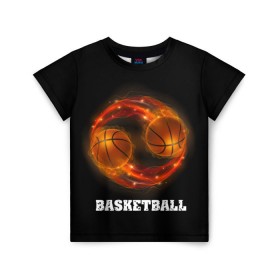 Детская футболка 3D с принтом basketball fire в Новосибирске, 100% гипоаллергенный полиэфир | прямой крой, круглый вырез горловины, длина до линии бедер, чуть спущенное плечо, ткань немного тянется | fire | flames | light | sport | баскетбол | игра | кольцо | мяч | небо | огонь | сетка | спорт | спортивные соревнования | стиль