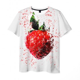 Мужская футболка 3D с принтом Клубника в Новосибирске, 100% полиэфир | прямой крой, круглый вырез горловины, длина до линии бедер | брызги | земляника | клубника | краски | красный | природа | рисунок | фрукты