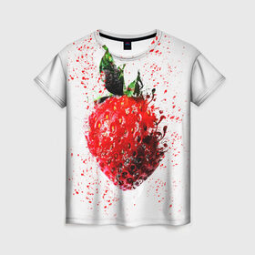 Женская футболка 3D с принтом Клубника в Новосибирске, 100% полиэфир ( синтетическое хлопкоподобное полотно) | прямой крой, круглый вырез горловины, длина до линии бедер | брызги | земляника | клубника | краски | красный | природа | рисунок | фрукты