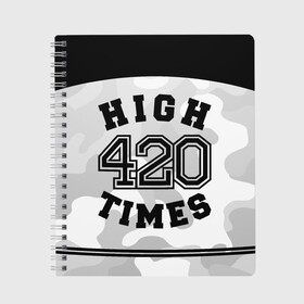 Тетрадь с принтом High Times 420 Camo в Новосибирске, 100% бумага | 48 листов, плотность листов — 60 г/м2, плотность картонной обложки — 250 г/м2. Листы скреплены сбоку удобной пружинной спиралью. Уголки страниц и обложки скругленные. Цвет линий — светло-серый
 | Тематика изображения на принте: camouflage | камо | камуфляж