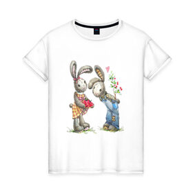 Женская футболка хлопок с принтом Любовь в Новосибирске, 100% хлопок | прямой крой, круглый вырез горловины, длина до линии бедер, слегка спущенное плечо | акварель | зайчиха | заяц | игрушка | кролики | мимими | плюшевый | рисунок | ягода