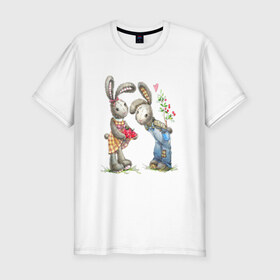 Мужская футболка премиум с принтом Любовь в Новосибирске, 92% хлопок, 8% лайкра | приталенный силуэт, круглый вырез ворота, длина до линии бедра, короткий рукав | акварель | зайчиха | заяц | игрушка | кролики | мимими | плюшевый | рисунок | ягода