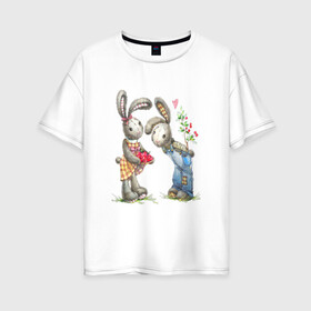 Женская футболка хлопок Oversize с принтом Любовь в Новосибирске, 100% хлопок | свободный крой, круглый ворот, спущенный рукав, длина до линии бедер
 | акварель | зайчиха | заяц | игрушка | кролики | мимими | плюшевый | рисунок | ягода