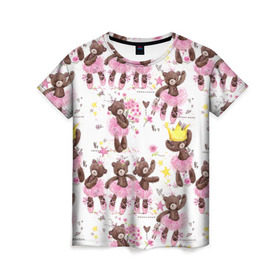 Женская футболка 3D с принтом Плюшевые мишки в Новосибирске, 100% полиэфир ( синтетическое хлопкоподобное полотно) | прямой крой, круглый вырез горловины, длина до линии бедер | акварель | балерина | медведи | пачка | пуанты | рисунок | розовый | теди | цветы