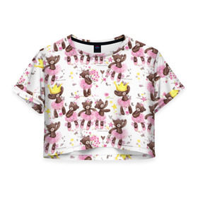 Женская футболка 3D укороченная с принтом Плюшевые мишки в Новосибирске, 100% полиэстер | круглая горловина, длина футболки до линии талии, рукава с отворотами | акварель | балерина | медведи | пачка | пуанты | рисунок | розовый | теди | цветы