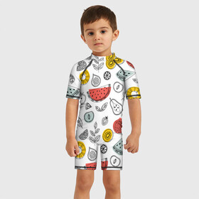 Детский купальный костюм 3D с принтом Летний микс в Новосибирске, Полиэстер 85%, Спандекс 15% | застежка на молнии на спине | ананас | апельсин | арбуз | груша | еда | клубника | лето | листья | минимализм | персик | раскраска | фрукты | ягоды