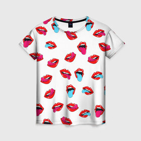 Женская футболка 3D с принтом Игривые губы в Новосибирске, 100% полиэфир ( синтетическое хлопкоподобное полотно) | прямой крой, круглый вырез горловины, длина до линии бедер | арт | губы | паттерн | поп | язык