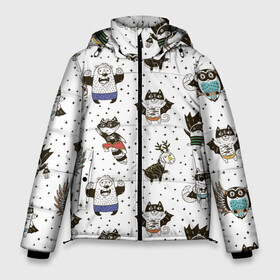 Мужская зимняя куртка 3D с принтом Лесные супергерои в Новосибирске, верх — 100% полиэстер; подкладка — 100% полиэстер; утеплитель — 100% полиэстер | длина ниже бедра, свободный силуэт Оверсайз. Есть воротник-стойка, отстегивающийся капюшон и ветрозащитная планка. 

Боковые карманы с листочкой на кнопках и внутренний карман на молнии. | енот | лес | лис | лось | медведь | паттерн | сова