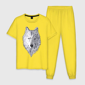 Мужская пижама хлопок с принтом Рисованный волк в Новосибирске, 100% хлопок | брюки и футболка прямого кроя, без карманов, на брюках мягкая резинка на поясе и по низу штанин
 | арт | волки | графика | животные | узор | хищники | черно белые