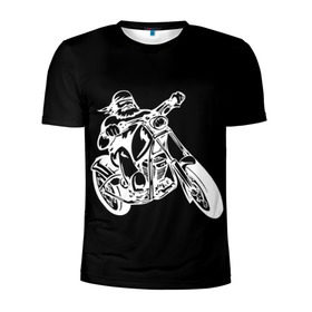 Мужская футболка 3D спортивная с принтом Байкер в Новосибирске, 100% полиэстер с улучшенными характеристиками | приталенный силуэт, круглая горловина, широкие плечи, сужается к линии бедра | biker | black and white | man | motorcycle | motorcyclist | silhouette | stencil | байкер | мотоцикл | мотоциклист | мужчина | силуэт | трафарет | черно белый