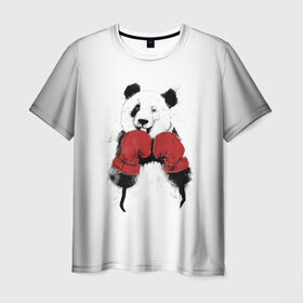 Мужская футболка 3D с принтом Панда боксер в Новосибирске, 100% полиэфир | прямой крой, круглый вырез горловины, длина до линии бедер | Тематика изображения на принте: бамбук | бамбуковый медведь | бокс | боксерские | брызги | енот | животное | коала | красивый | красная книга | кунгфу | медведь | милый | мишка | очки | панда | перчатки | пот | прикол | прикольный