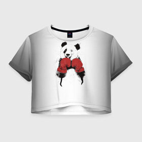 Женская футболка 3D укороченная с принтом Панда боксер в Новосибирске, 100% полиэстер | круглая горловина, длина футболки до линии талии, рукава с отворотами | Тематика изображения на принте: бамбук | бамбуковый медведь | бокс | боксерские | брызги | енот | животное | коала | красивый | красная книга | кунгфу | медведь | милый | мишка | очки | панда | перчатки | пот | прикол | прикольный