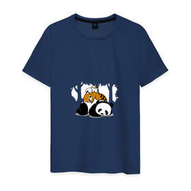 Мужская футболка хлопок с принтом Зверушки спят в лесу в Новосибирске, 100% хлопок | прямой крой, круглый вырез горловины, длина до линии бедер, слегка спущенное плечо. | зайчик | заяц | милота | мишка | панда