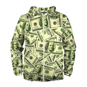 Мужская ветровка 3D с принтом Benjamin Franklin в Новосибирске, 100% полиэстер | подол и капюшон оформлены резинкой с фиксаторами, два кармана без застежек по бокам, один потайной карман на груди | Тематика изображения на принте: 3d | benjamin franklin | америка | богатство | валюта | денежные купюры | деньги | доллар | зеленые | сша | текстуры