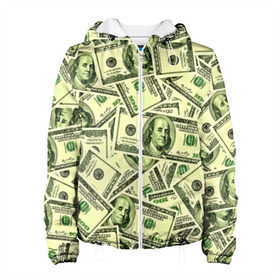 Женская куртка 3D с принтом Benjamin Franklin в Новосибирске, ткань верха — 100% полиэстер, подклад — флис | прямой крой, подол и капюшон оформлены резинкой с фиксаторами, два кармана без застежек по бокам, один большой потайной карман на груди. Карман на груди застегивается на липучку | 3d | benjamin franklin | америка | богатство | валюта | денежные купюры | деньги | доллар | зеленые | сша | текстуры