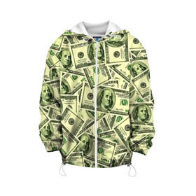 Детская куртка 3D с принтом Benjamin Franklin в Новосибирске, 100% полиэстер | застежка — молния, подол и капюшон оформлены резинкой с фиксаторами, по бокам — два кармана без застежек, один потайной карман на груди, плотность верхнего слоя — 90 г/м2; плотность флисового подклада — 260 г/м2 | 3d | benjamin franklin | америка | богатство | валюта | денежные купюры | деньги | доллар | зеленые | сша | текстуры