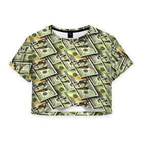 Женская футболка 3D укороченная с принтом Деньги в Новосибирске, 100% полиэстер | круглая горловина, длина футболки до линии талии, рукава с отворотами | 3d | benjamin franklin | америка | богатство | валюта | денежные купюры | деньги | доллар | зеленые | сша | текстуры