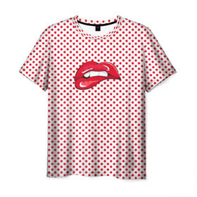 Мужская футболка 3D с принтом Губы Горох в Новосибирске, 100% полиэфир | прямой крой, круглый вырез горловины, длина до линии бедер | swag | блики | девушка | женщина | зубы | королева | красная помада | красный горошек | лицо | поцелуй | прикус | принт | улыбка | целовать