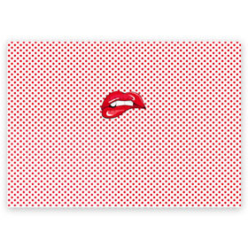 Поздравительная открытка с принтом Губы Горох в Новосибирске, 100% бумага | плотность бумаги 280 г/м2, матовая, на обратной стороне линовка и место для марки
 | swag | блики | девушка | женщина | зубы | королева | красная помада | красный горошек | лицо | поцелуй | прикус | принт | улыбка | целовать