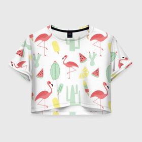 Женская футболка 3D укороченная с принтом Flamingo print в Новосибирске, 100% полиэстер | круглая горловина, длина футболки до линии талии, рукава с отворотами | animals | beautiful | blue | color | cute | nature | sea | water | wild | белое | вода | голубое | животные | красивое | красота | милое | море | морское | природа | птица | птицы | птичка | птички | синее | цвет | чёрное | яркое