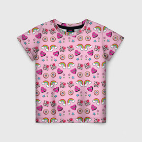 Детская футболка 3D с принтом Стикеры для Нее в Новосибирске, 100% гипоаллергенный полиэфир | прямой крой, круглый вырез горловины, длина до линии бедер, чуть спущенное плечо, ткань немного тянется | звезды | пончик | радуга | розовый | сердечко | я тебя люблю