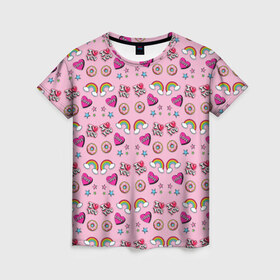 Женская футболка 3D с принтом Стикеры для Нее в Новосибирске, 100% полиэфир ( синтетическое хлопкоподобное полотно) | прямой крой, круглый вырез горловины, длина до линии бедер | звезды | пончик | радуга | розовый | сердечко | я тебя люблю