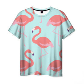 Мужская футболка 3D с принтом Flamingos pattern в Новосибирске, 100% полиэфир | прямой крой, круглый вырез горловины, длина до линии бедер | animals | beautiful | bird | birds | birdy | blue | color | flamingo | nature | wild | белое | голубое | животные | красивое | красота | милое | природа | птица | птицы | птичка | птички | синее | фламинго | цвет | яркое