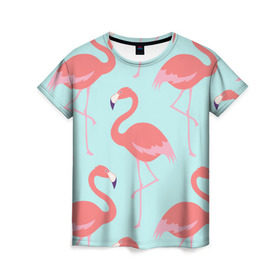 Женская футболка 3D с принтом Flamingos pattern в Новосибирске, 100% полиэфир ( синтетическое хлопкоподобное полотно) | прямой крой, круглый вырез горловины, длина до линии бедер | animals | beautiful | bird | birds | birdy | blue | color | flamingo | nature | wild | белое | голубое | животные | красивое | красота | милое | природа | птица | птицы | птичка | птички | синее | фламинго | цвет | яркое