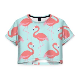 Женская футболка 3D укороченная с принтом Flamingos pattern в Новосибирске, 100% полиэстер | круглая горловина, длина футболки до линии талии, рукава с отворотами | animals | beautiful | bird | birds | birdy | blue | color | flamingo | nature | wild | белое | голубое | животные | красивое | красота | милое | природа | птица | птицы | птичка | птички | синее | фламинго | цвет | яркое