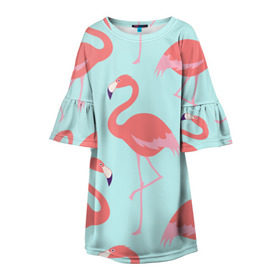 Детское платье 3D с принтом Flamingos pattern в Новосибирске, 100% полиэстер | прямой силуэт, чуть расширенный к низу. Круглая горловина, на рукавах — воланы | Тематика изображения на принте: animals | beautiful | bird | birds | birdy | blue | color | flamingo | nature | wild | белое | голубое | животные | красивое | красота | милое | природа | птица | птицы | птичка | птички | синее | фламинго | цвет | яркое
