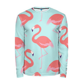 Мужской лонгслив 3D с принтом Flamingos pattern в Новосибирске, 100% полиэстер | длинные рукава, круглый вырез горловины, полуприлегающий силуэт | animals | beautiful | bird | birds | birdy | blue | color | flamingo | nature | wild | белое | голубое | животные | красивое | красота | милое | природа | птица | птицы | птичка | птички | синее | фламинго | цвет | яркое