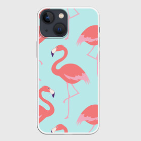 Чехол для iPhone 13 mini с принтом Flamingos pattern в Новосибирске,  |  | Тематика изображения на принте: animals | beautiful | bird | birds | birdy | blue | color | flamingo | nature | wild | белое | голубое | животные | красивое | красота | милое | природа | птица | птицы | птичка | птички | синее | фламинго | цвет | яркое