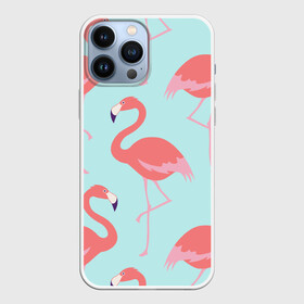 Чехол для iPhone 13 Pro Max с принтом Flamingos pattern в Новосибирске,  |  | animals | beautiful | bird | birds | birdy | blue | color | flamingo | nature | wild | белое | голубое | животные | красивое | красота | милое | природа | птица | птицы | птичка | птички | синее | фламинго | цвет | яркое